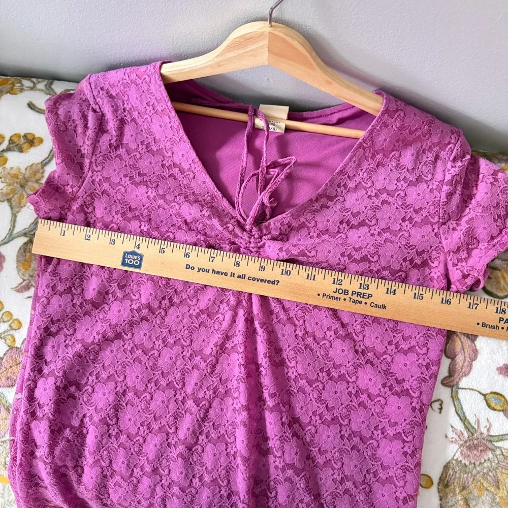 Faded Glory Top Babydoll Coquette Y2K Fuschia Floral Lace Short Sleeve Women's S - Picture 3 of 8